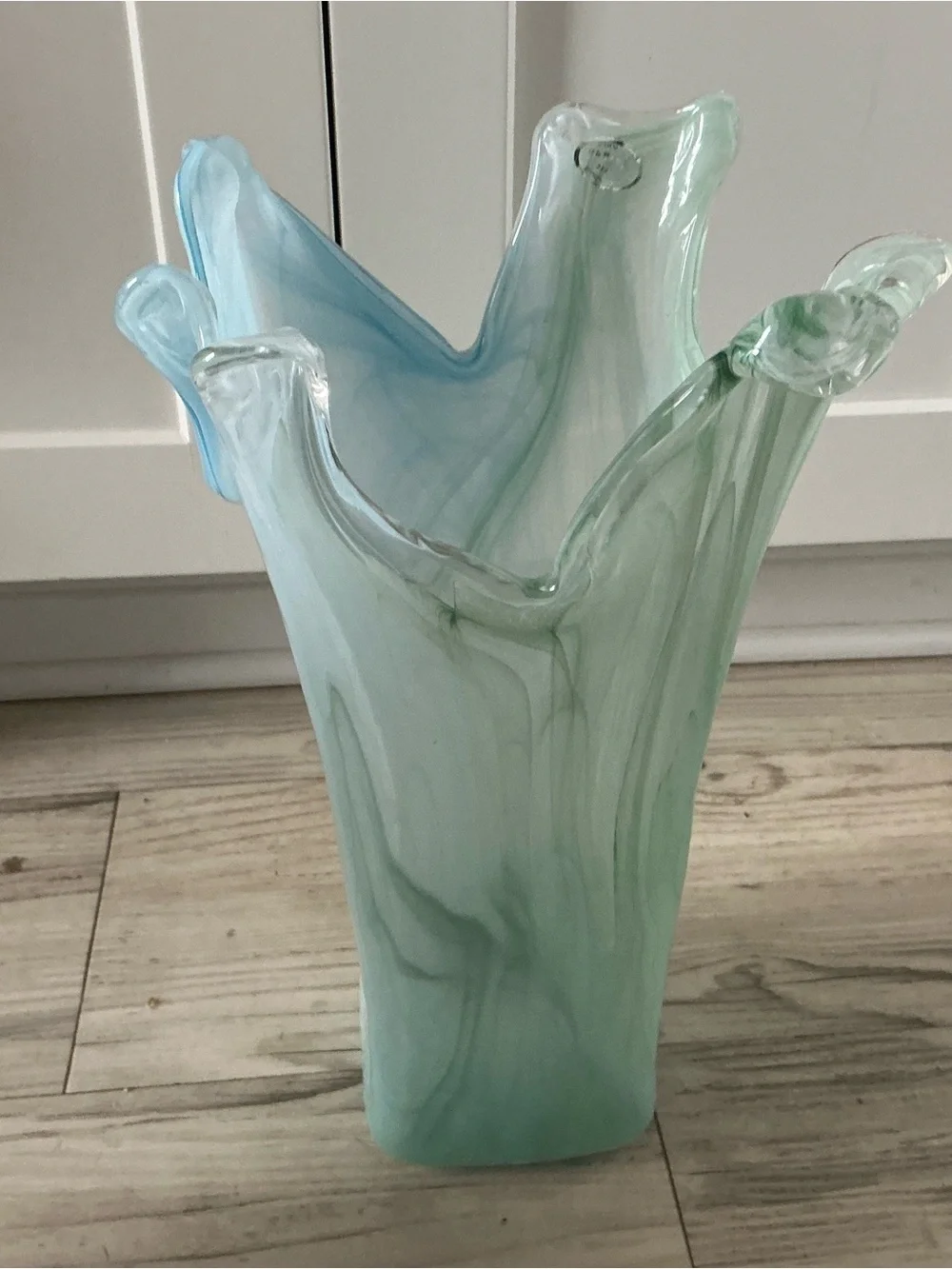 Vtg Lovarazione Art Murano glass aqua blue & green swirl ruffled vase Italy